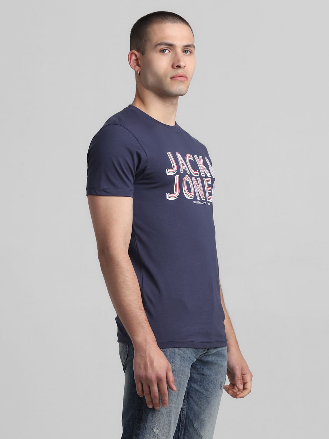 Dark Blue Logo Print Crew Neck T-shirt
