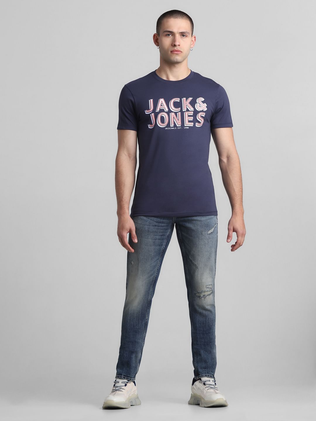 Dark Blue Logo Print Crew Neck T-shirt