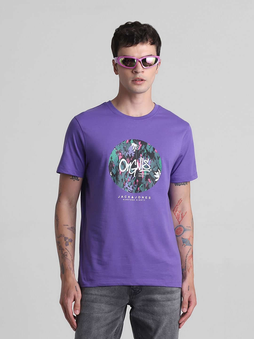 Purple Graphic Print Crew Neck T-shirt - S