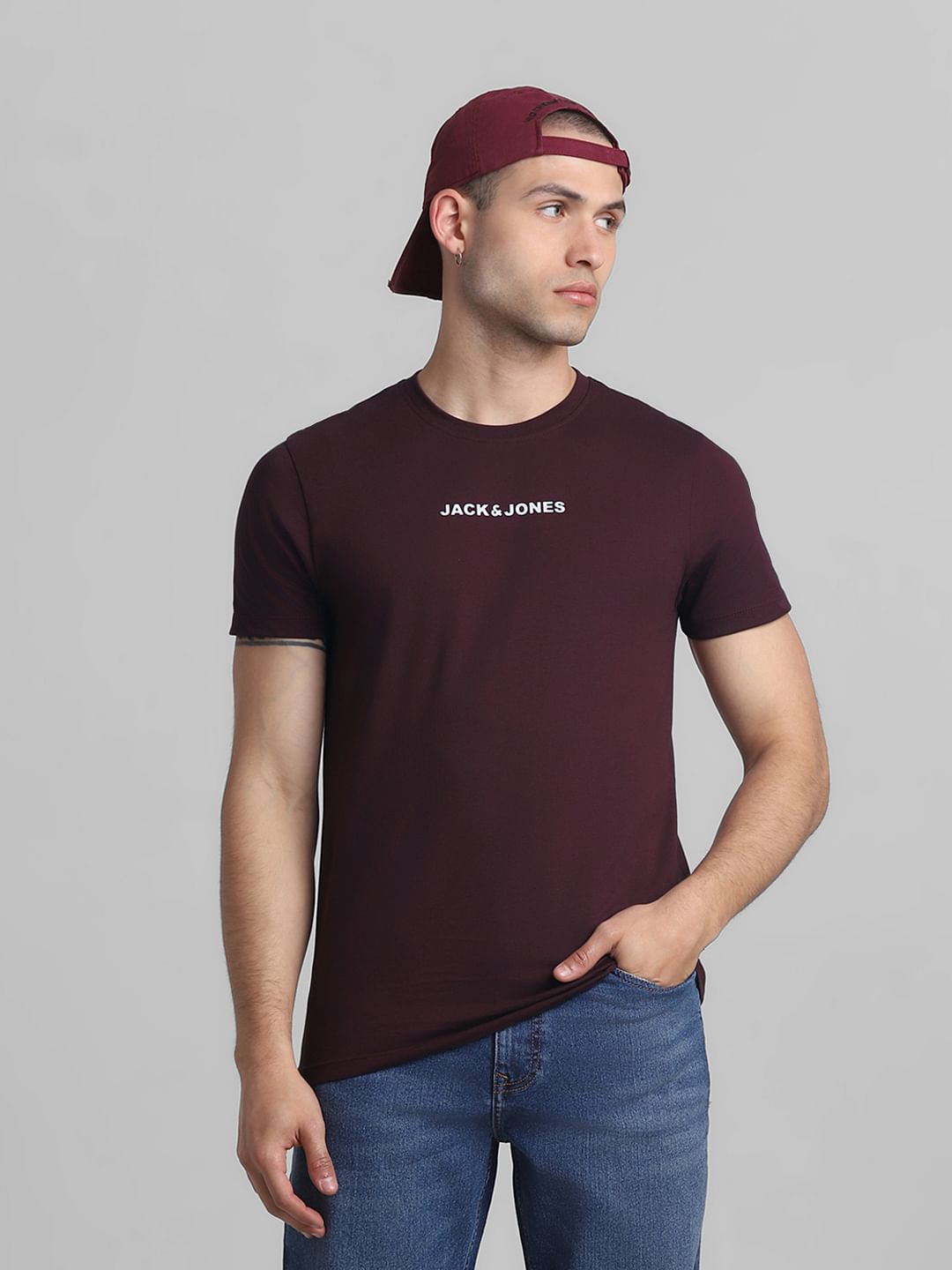 Maroon Logo Print Crew Neck T-shirt - S