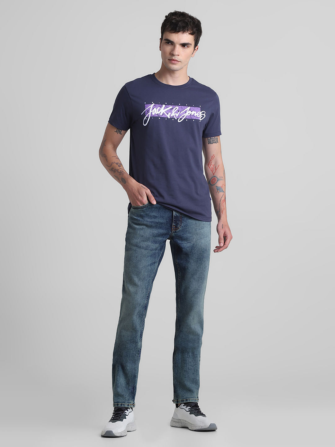 Blue Logo Print Crew Neck T-shirt