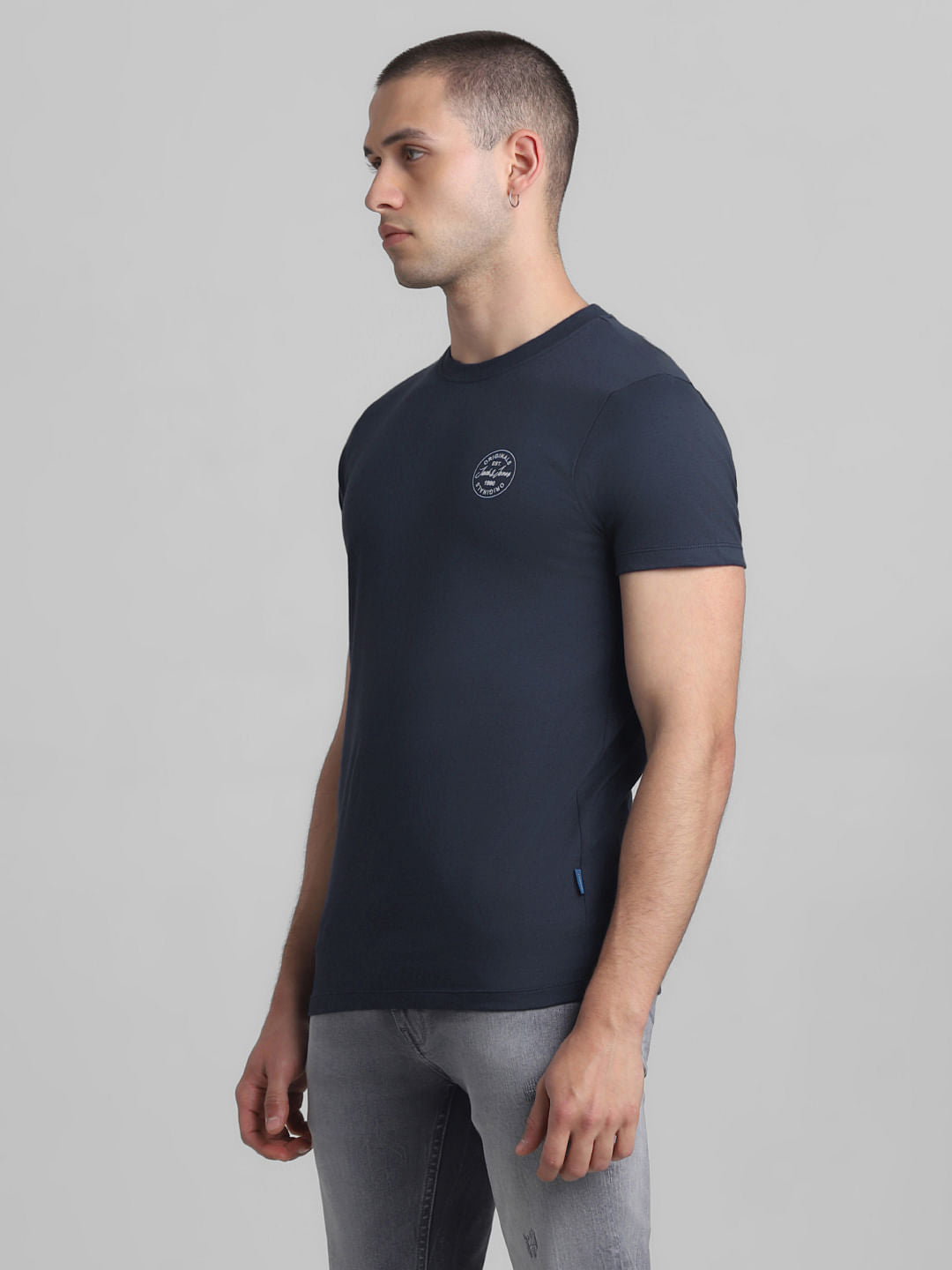 Dark Blue Cotton Crew Neck T-shirt