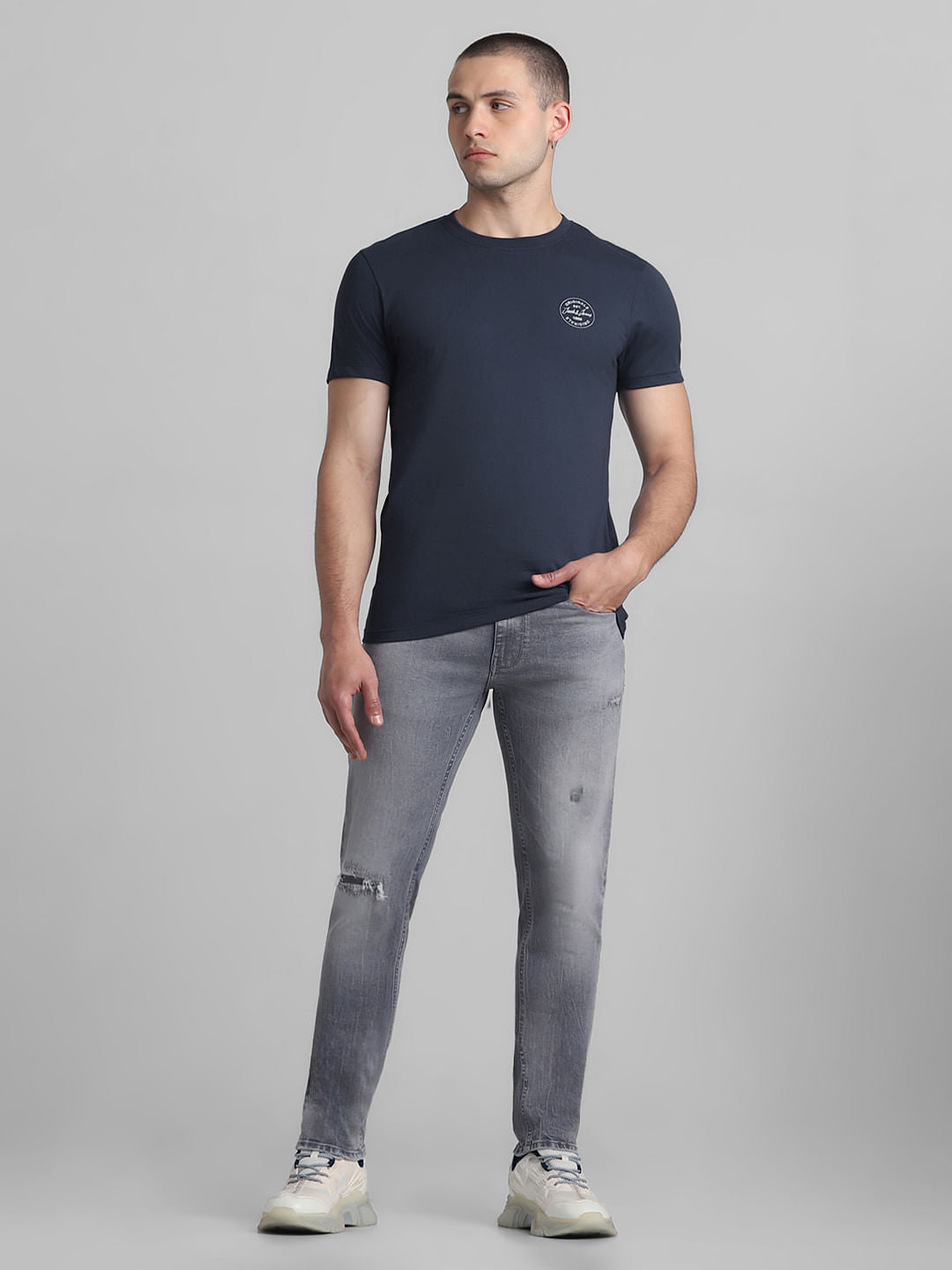 Dark Blue Cotton Crew Neck T-shirt