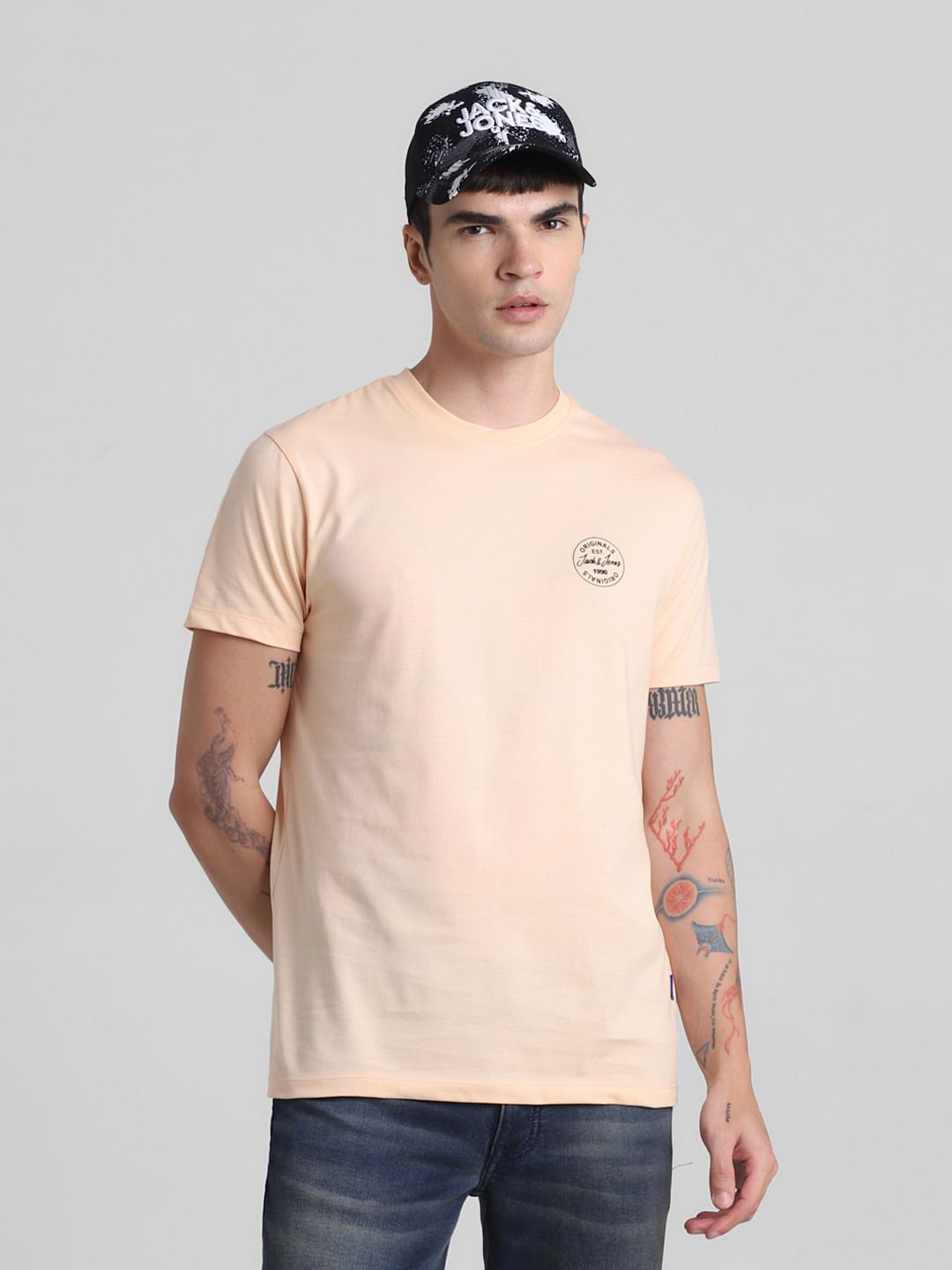 Peach Logo Print Crew Neck T-shirt - S