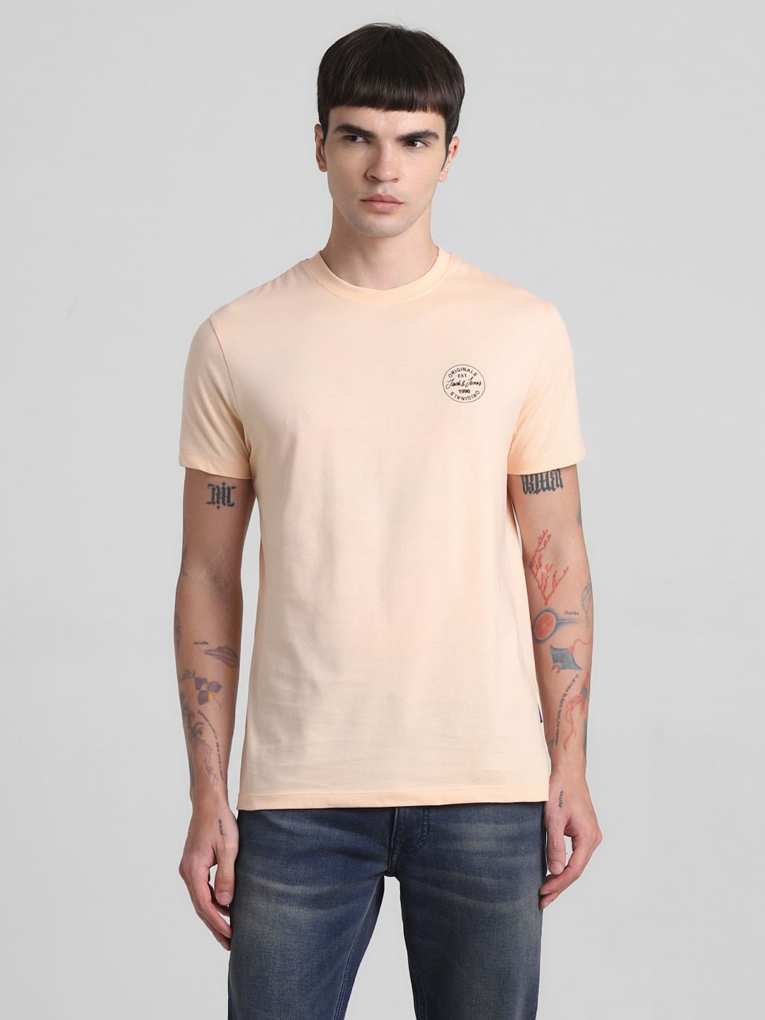 Peach Logo Print Crew Neck T-shirt