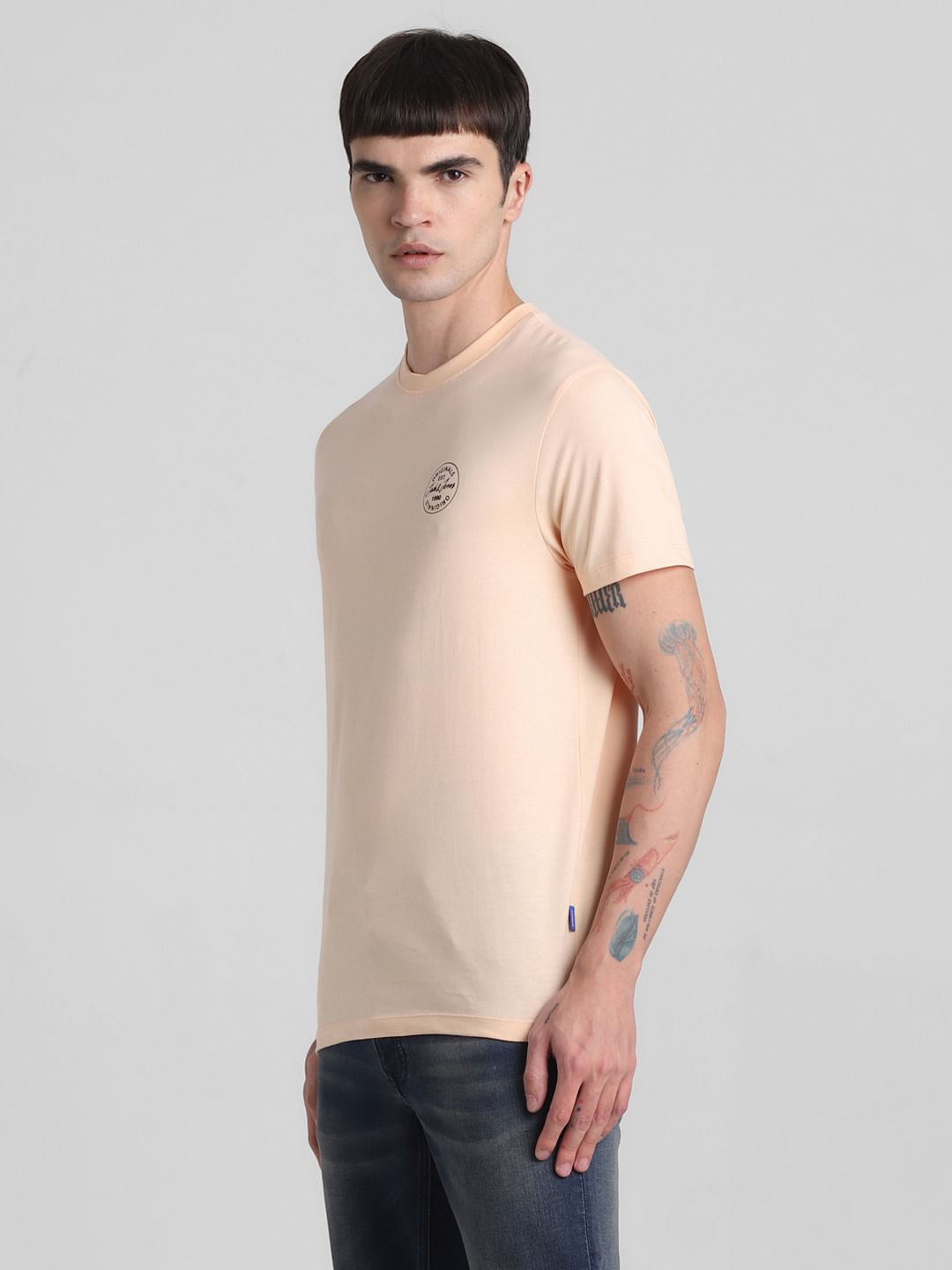 Peach Logo Print Crew Neck T-shirt