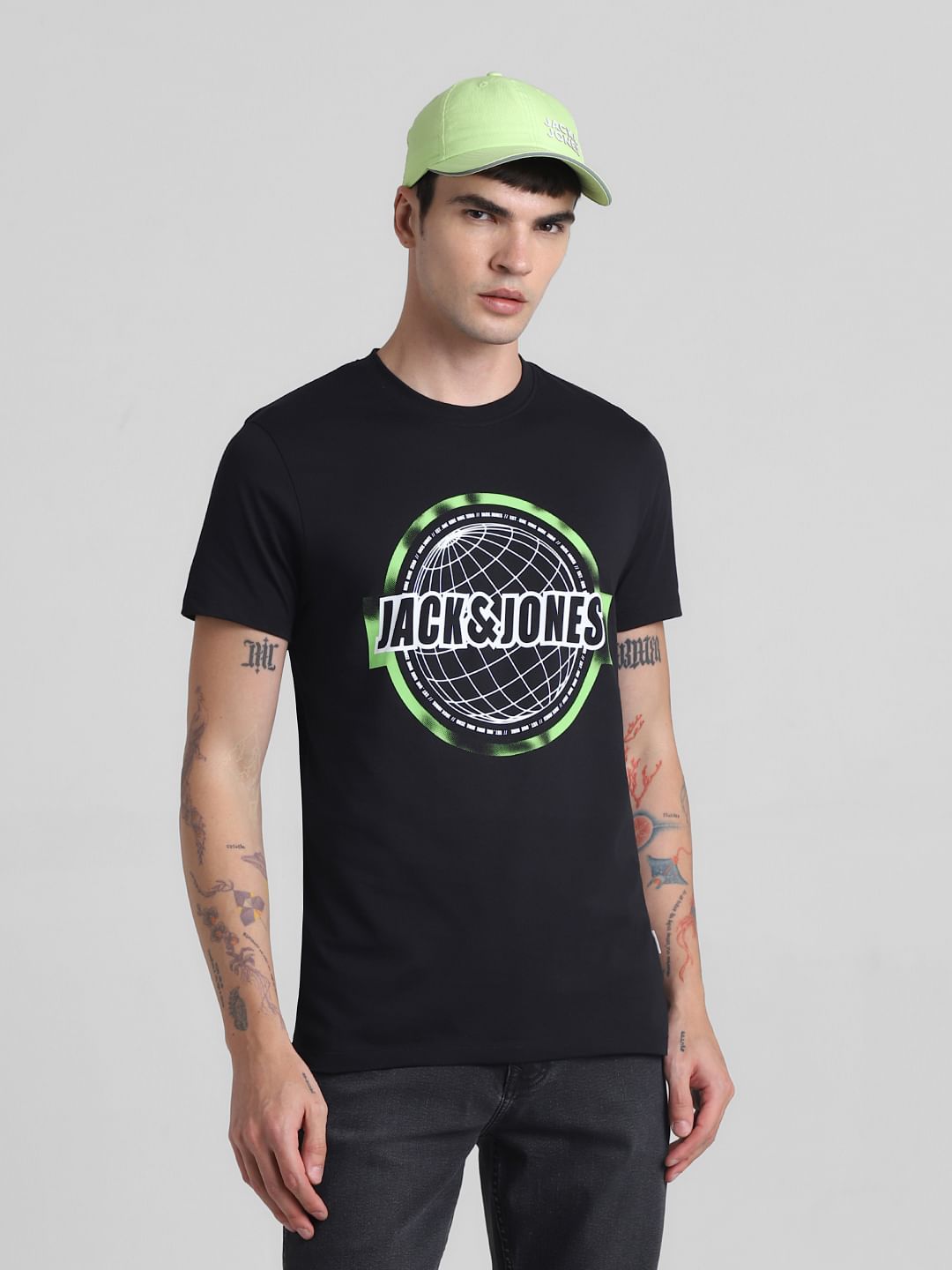 Black Globe Logo Print Crew Neck T-shirt - S