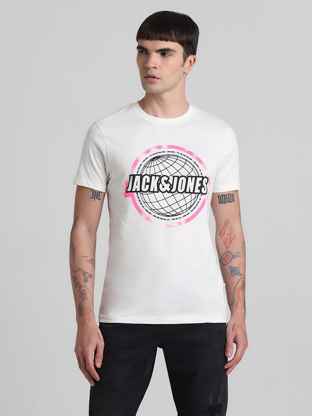 White Globe Logo Print Crew Neck T-shirt