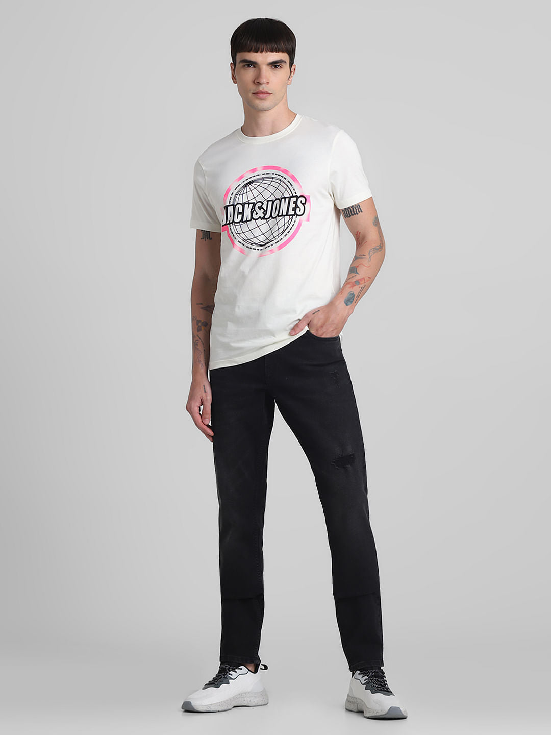 White Globe Logo Print Crew Neck T-shirt