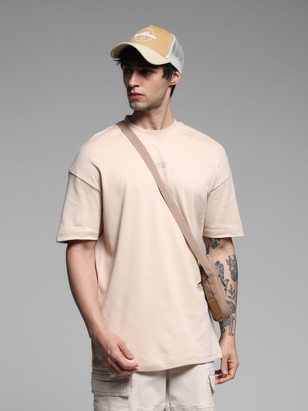 Beige Cotton Oversized T-shirt - S