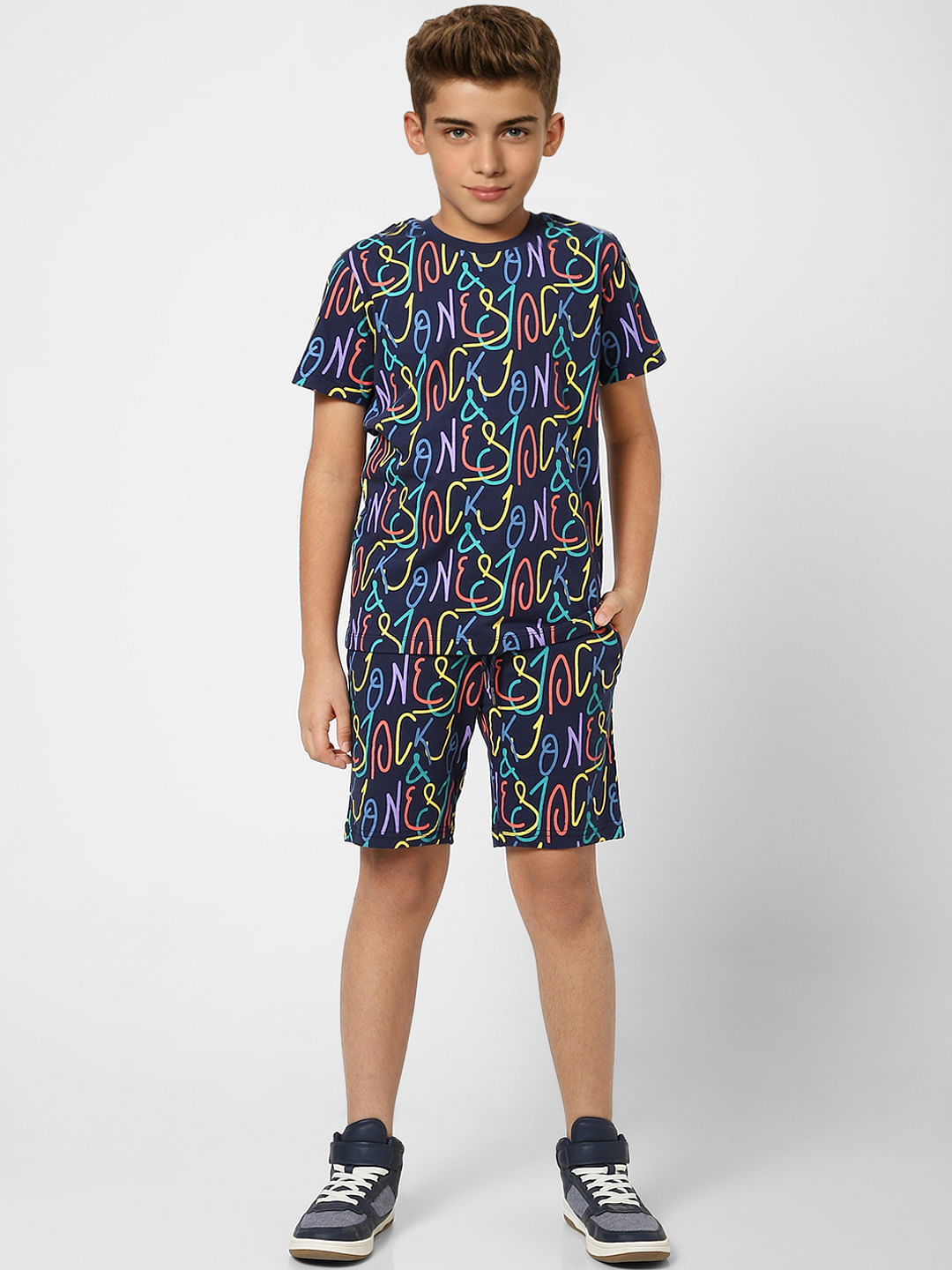 Boys Dark Blue Printed Co-ord Shorts