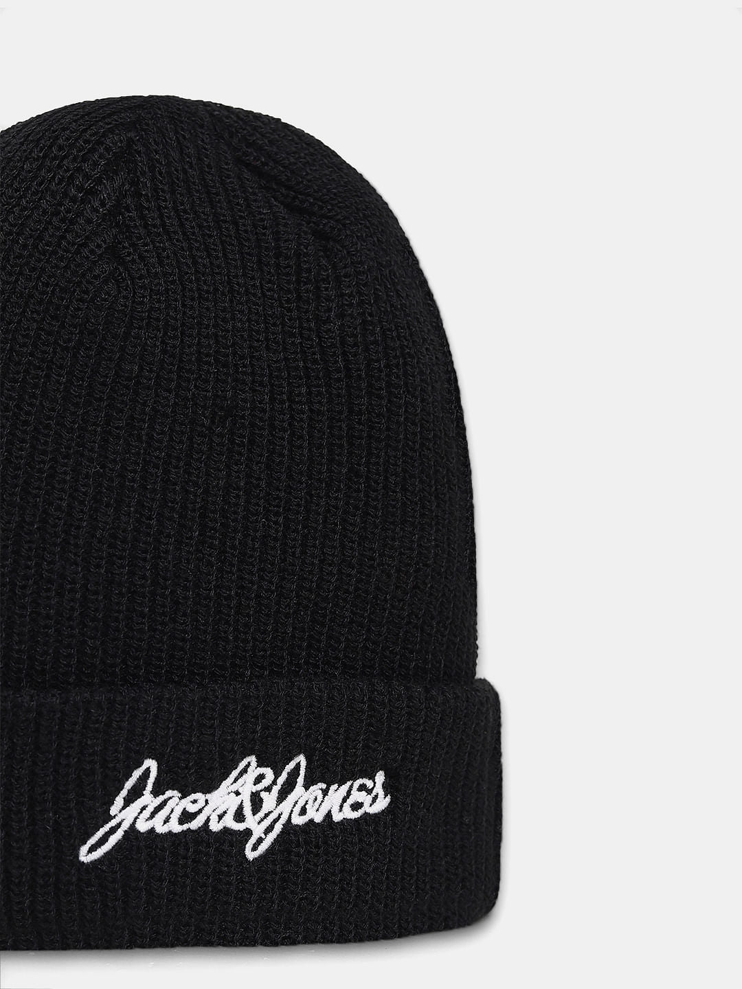 Black Knitted Logo Print Beanie
