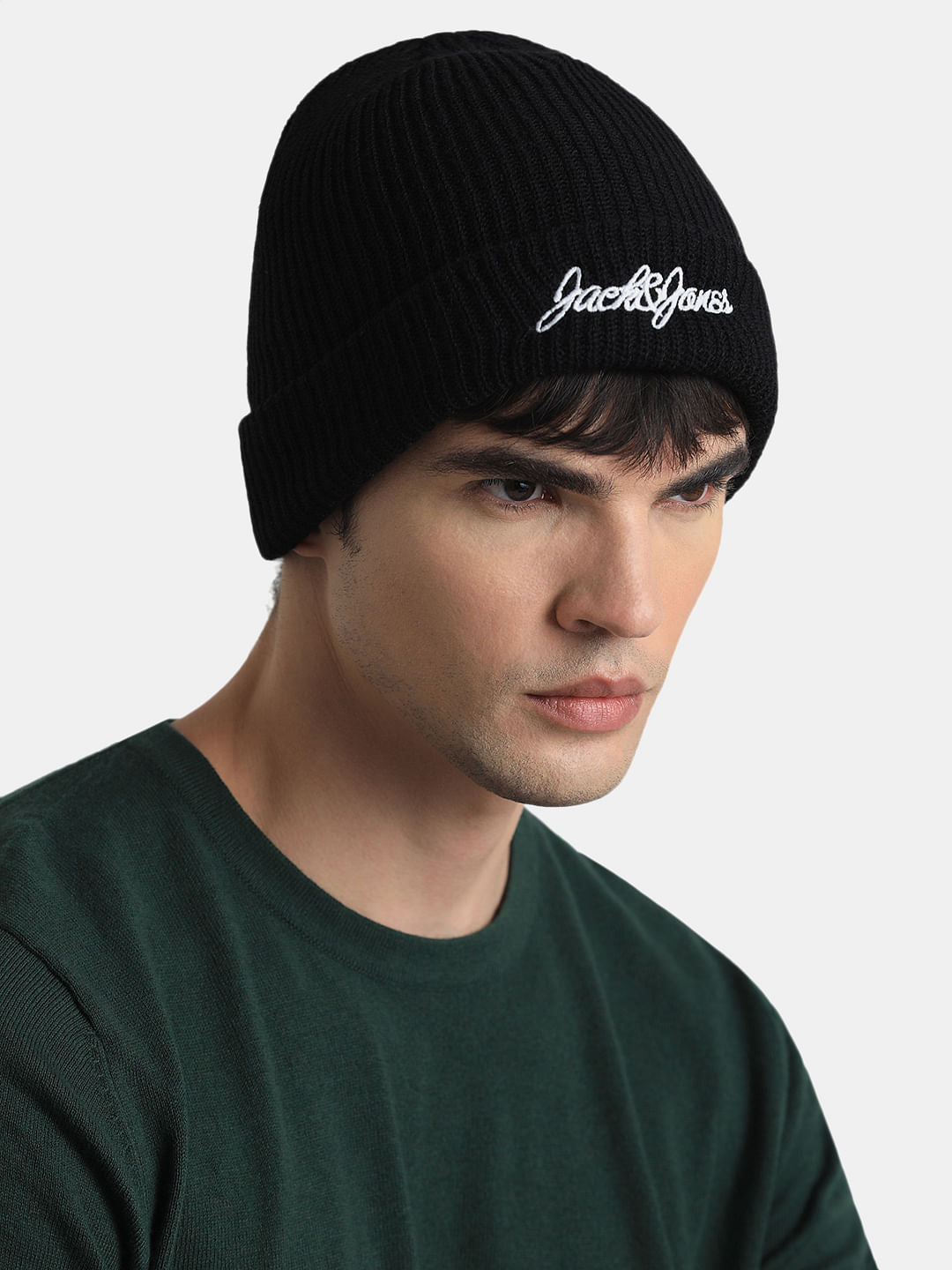 Black Knitted Logo Print Beanie