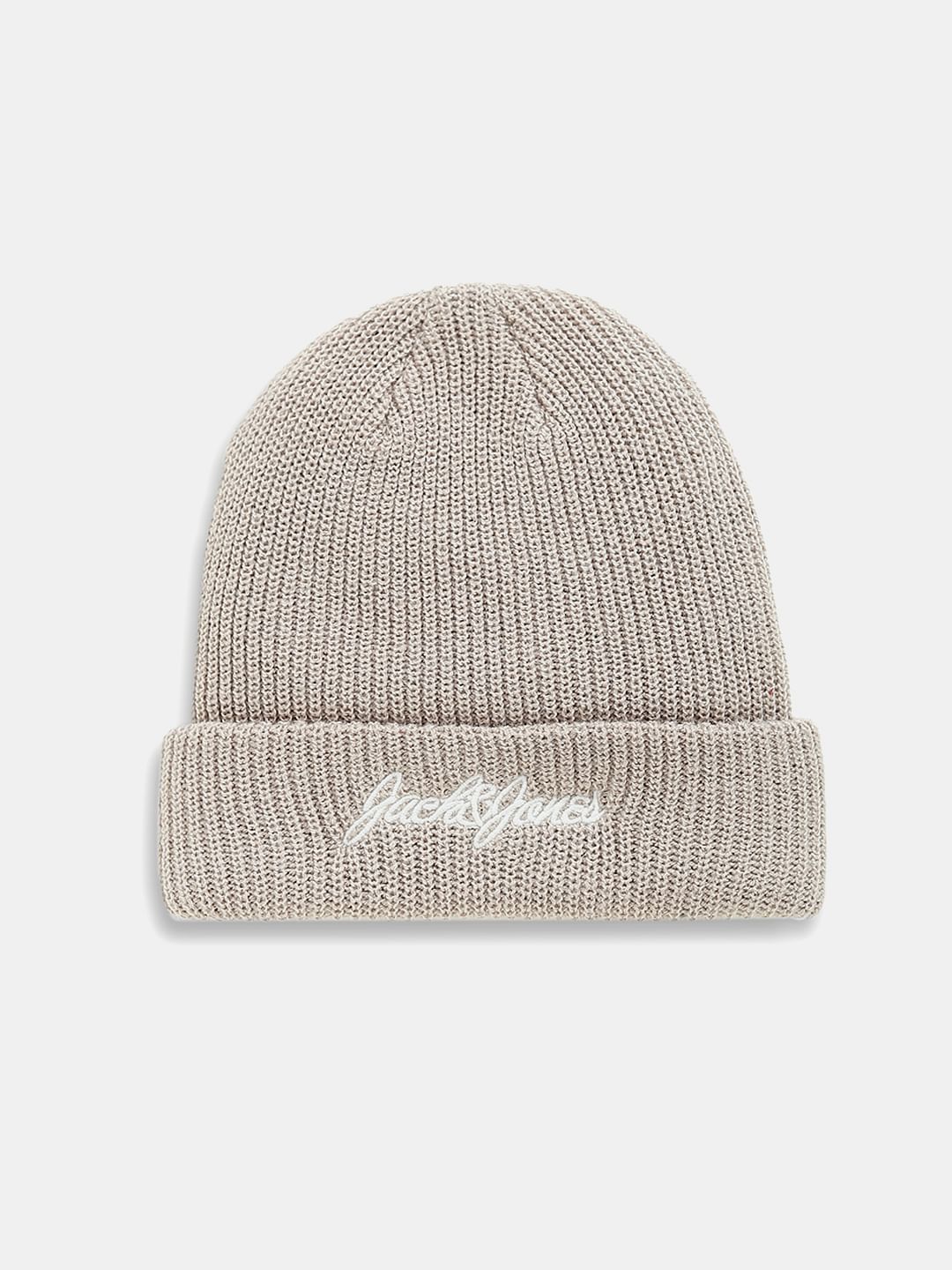 Beige Knitted Logo Print Beanie - ONE