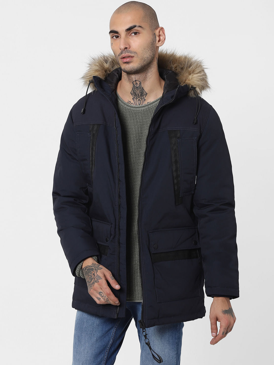 Navy Blue Hooded Parka Jacket