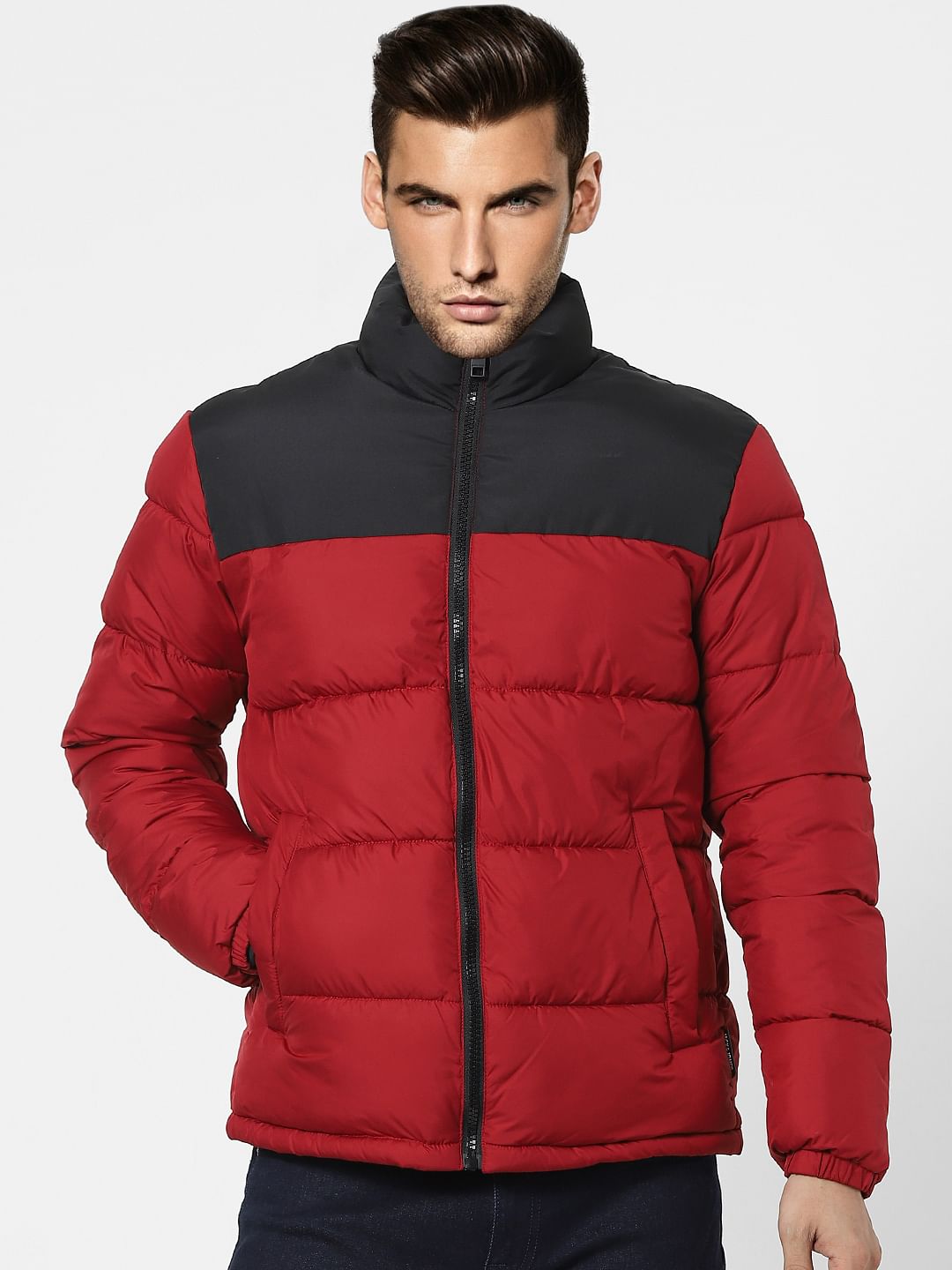 Red High Neck Puffer Winter Jacket