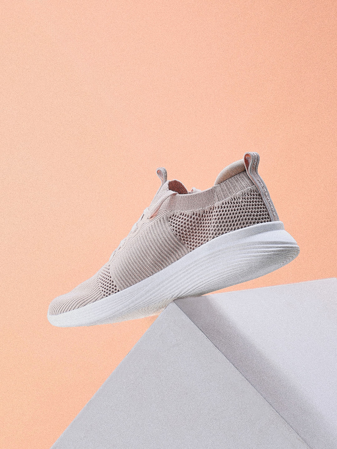 Beige Stretch Knit Lace-Up Sneakers