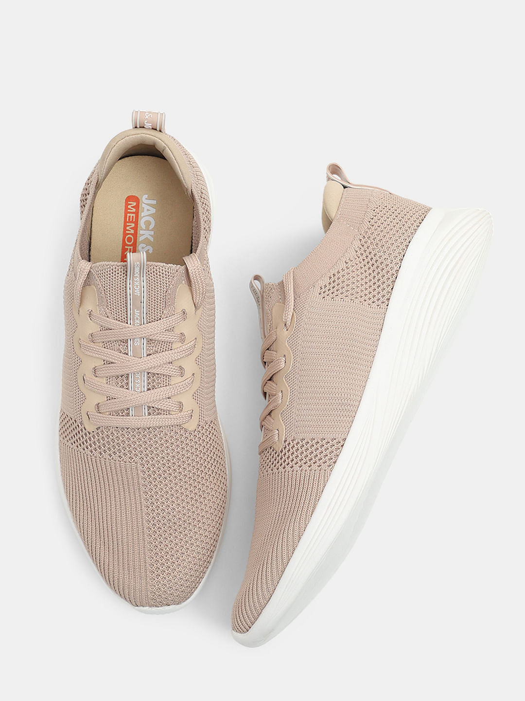 Beige Stretch Knit Lace-Up Sneakers