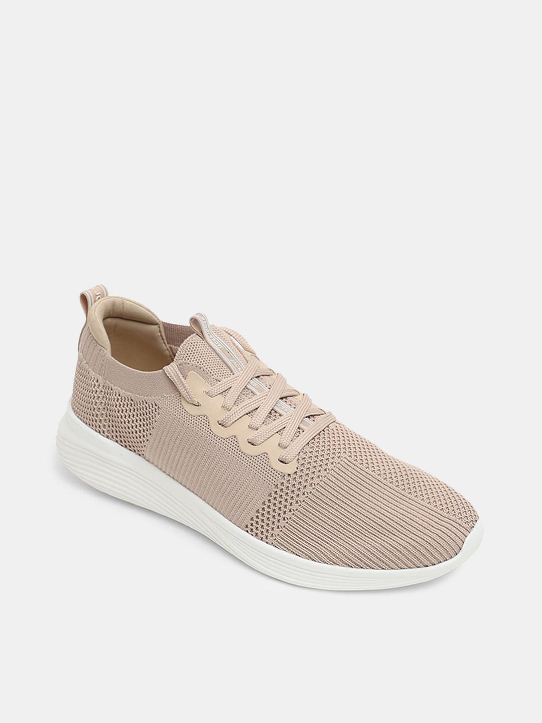 Beige Stretch Knit Lace-Up Sneakers