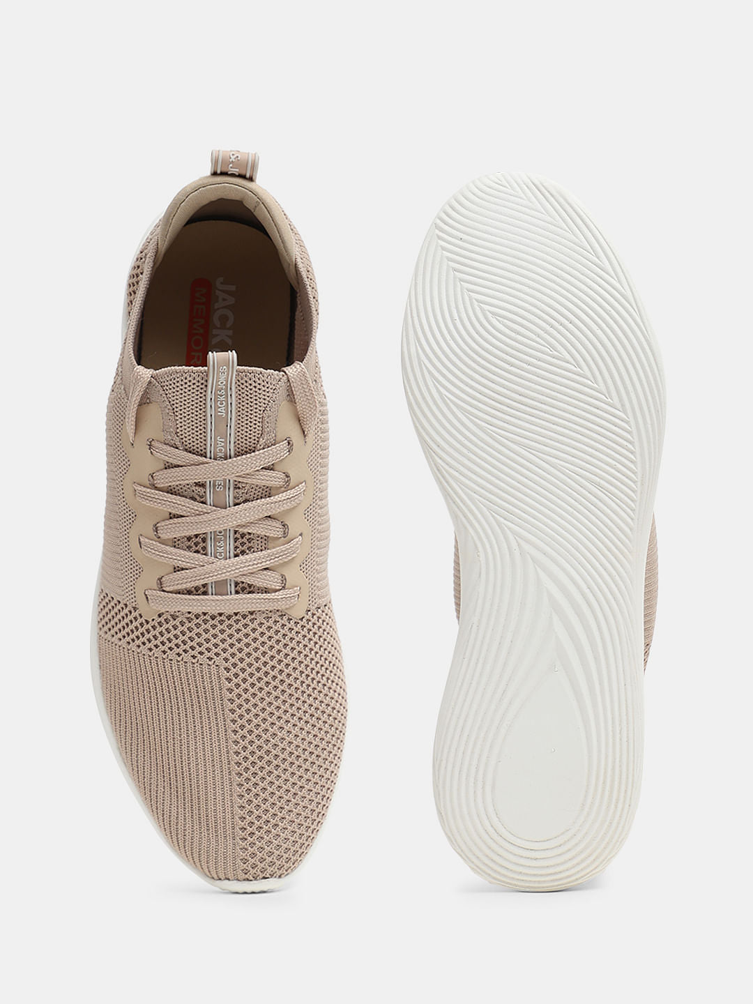 Beige Stretch Knit Lace-Up Sneakers