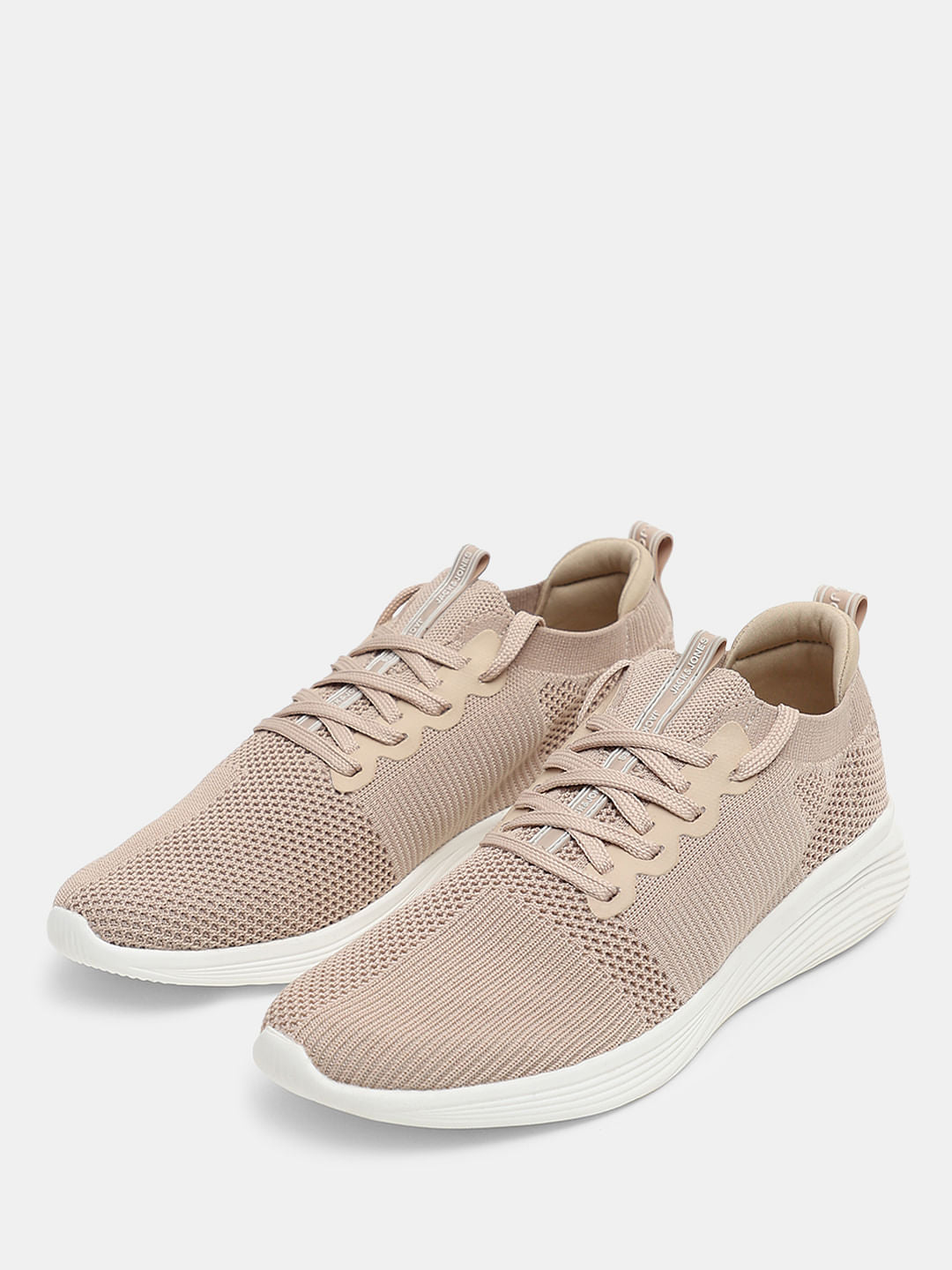 Beige Stretch Knit Lace-Up Sneakers