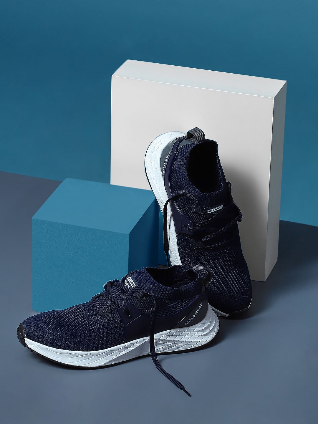 Dark Blue Knitted Lace Up Sneakers