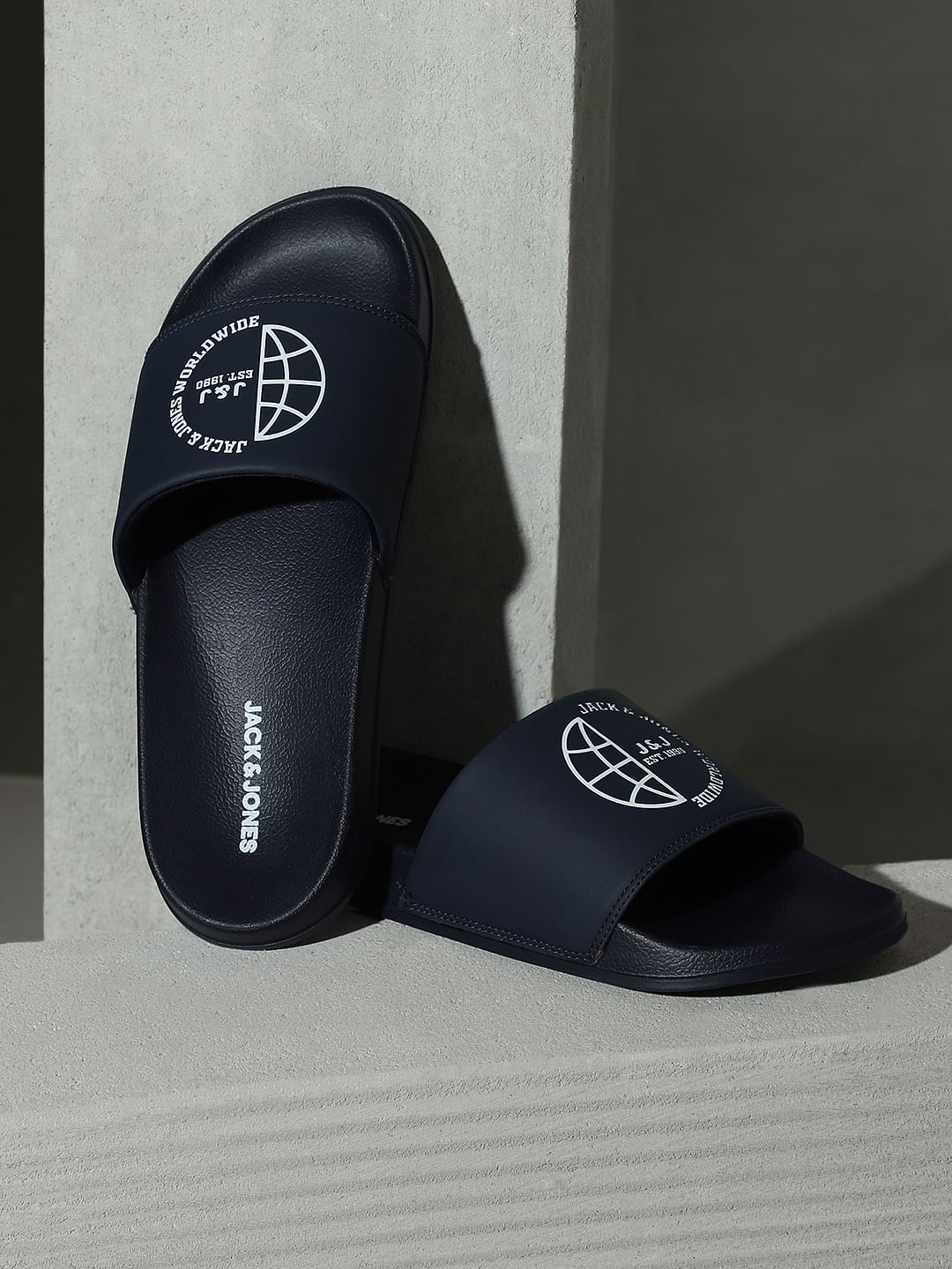 Dark Blue Logo Print Sliders