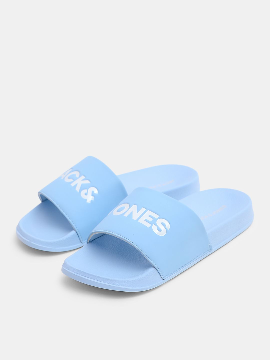 Light Blue Logo Print Pool Sliders