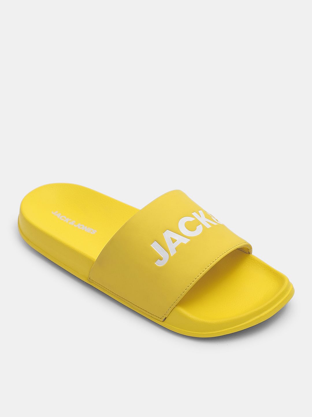 Light Yellow Logo Print Pool Sliders