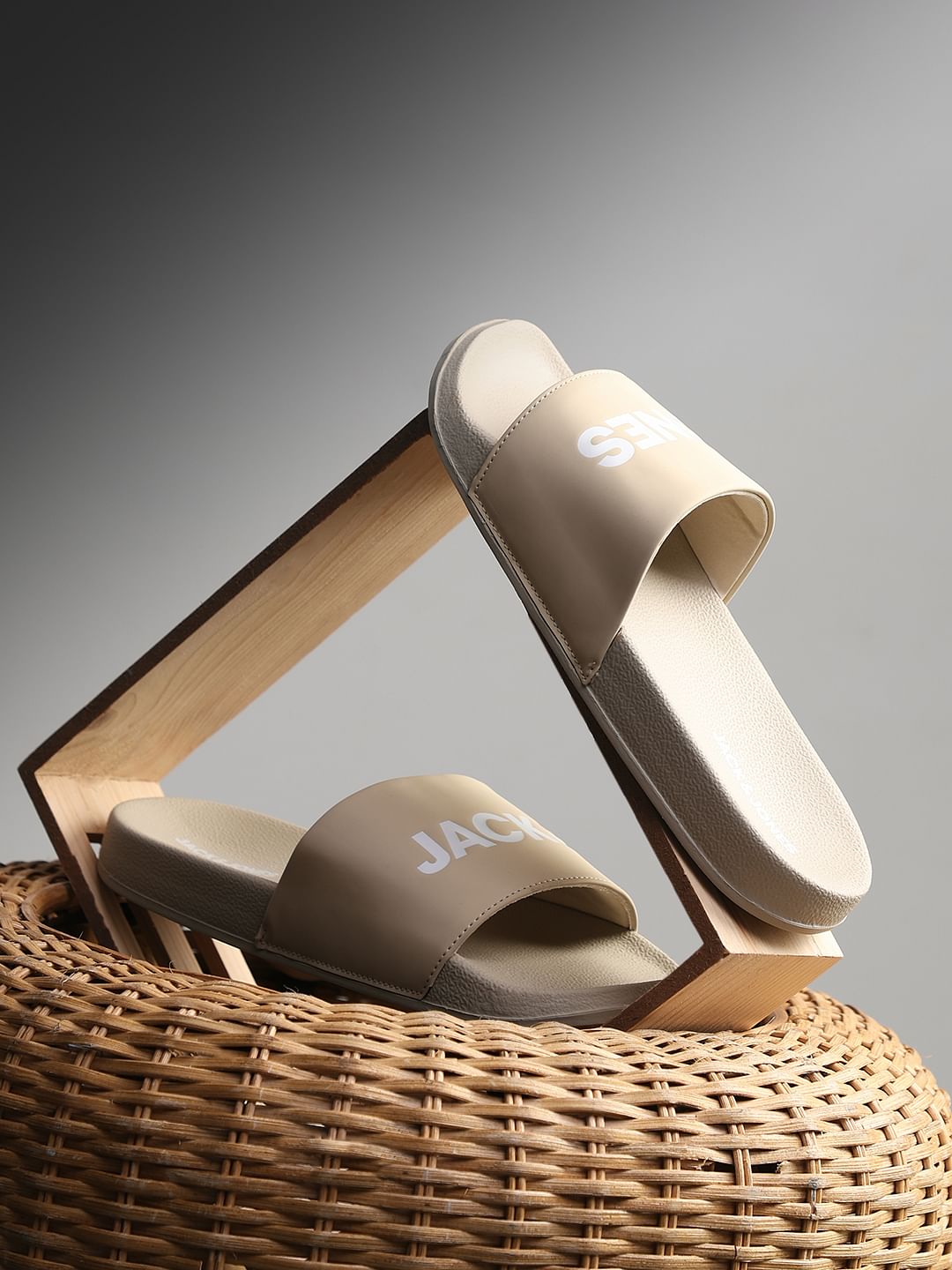 Beige Logo Print Pool Sliders