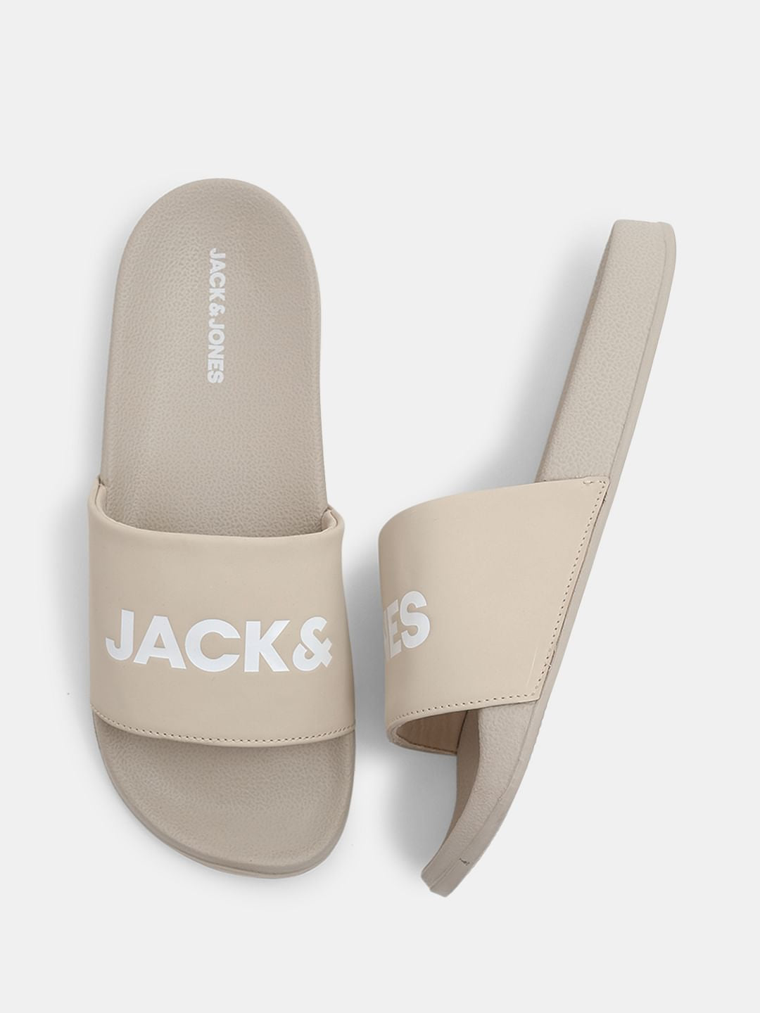 Beige Logo Print Pool Sliders