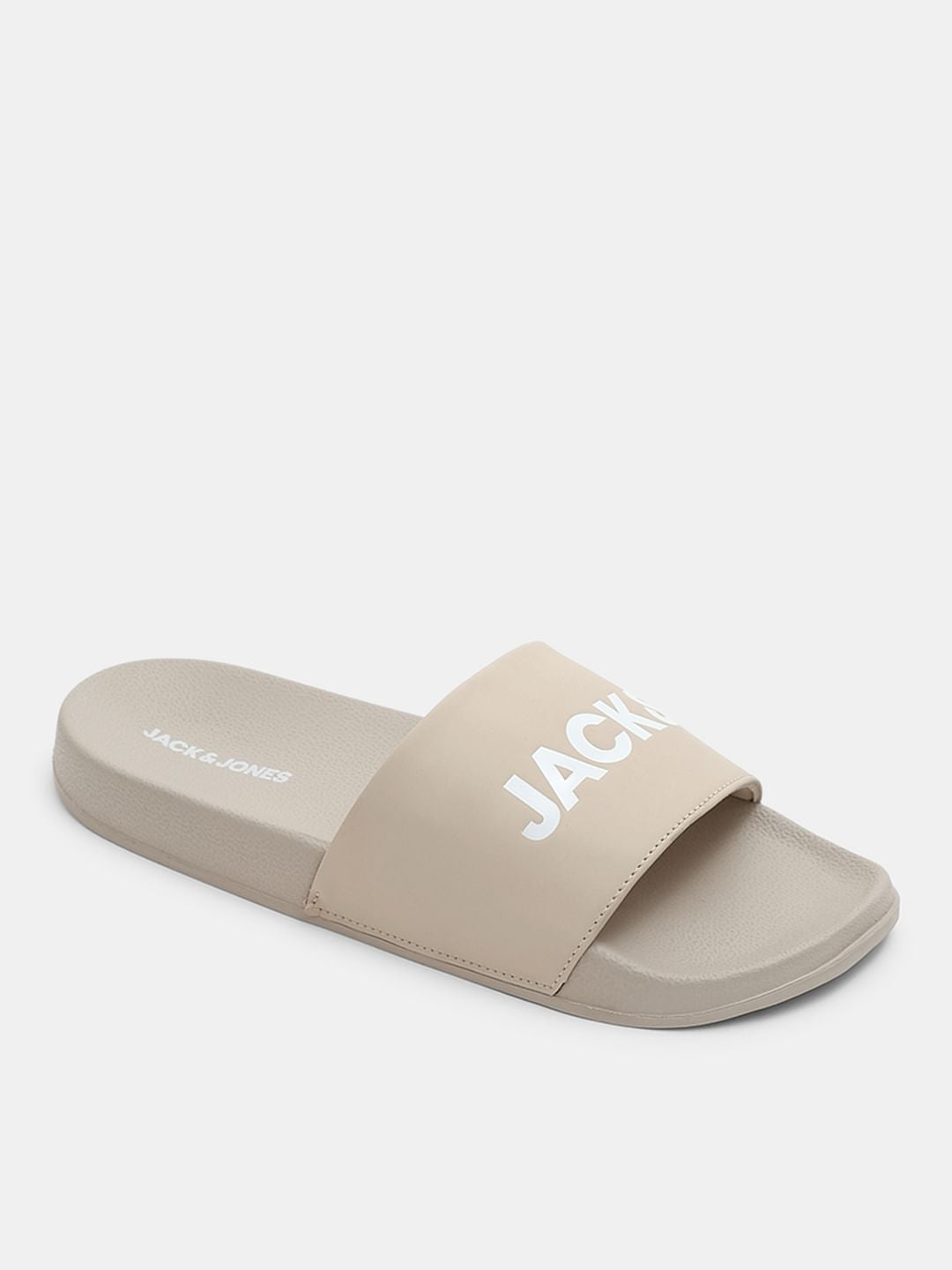 Beige Logo Print Pool Sliders