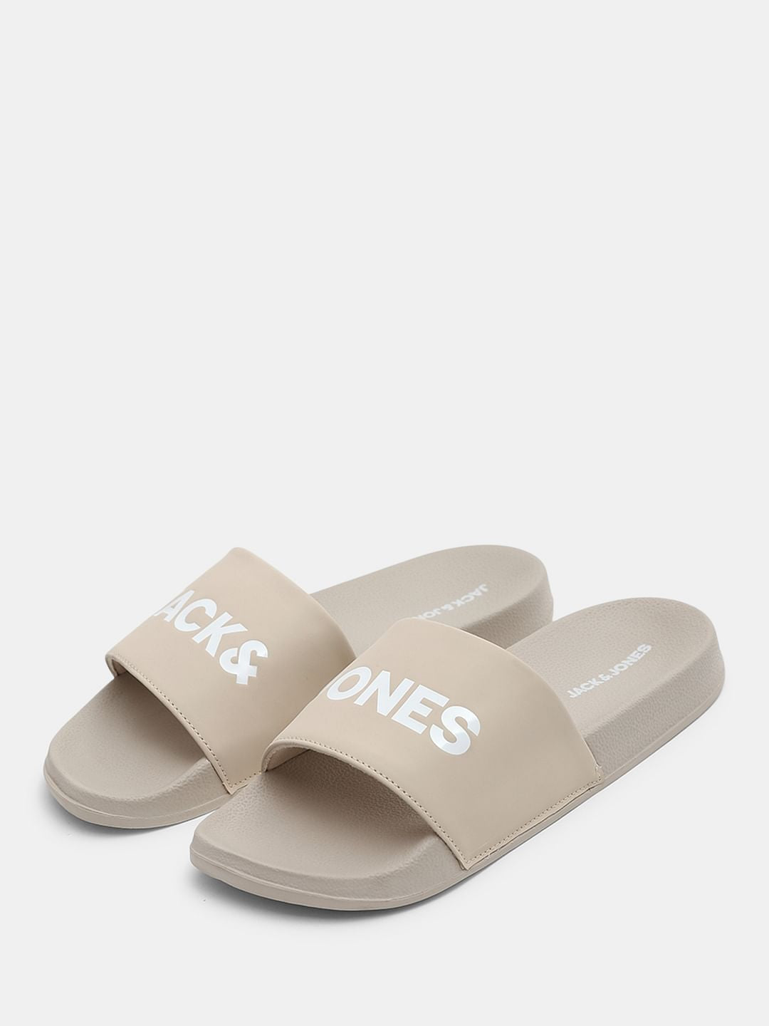 Beige Logo Print Pool Sliders