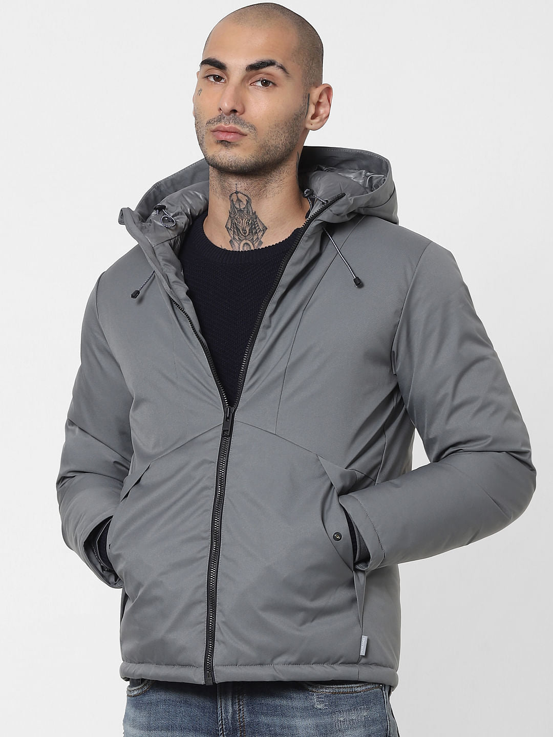 Grey Hooded Winter Jacket