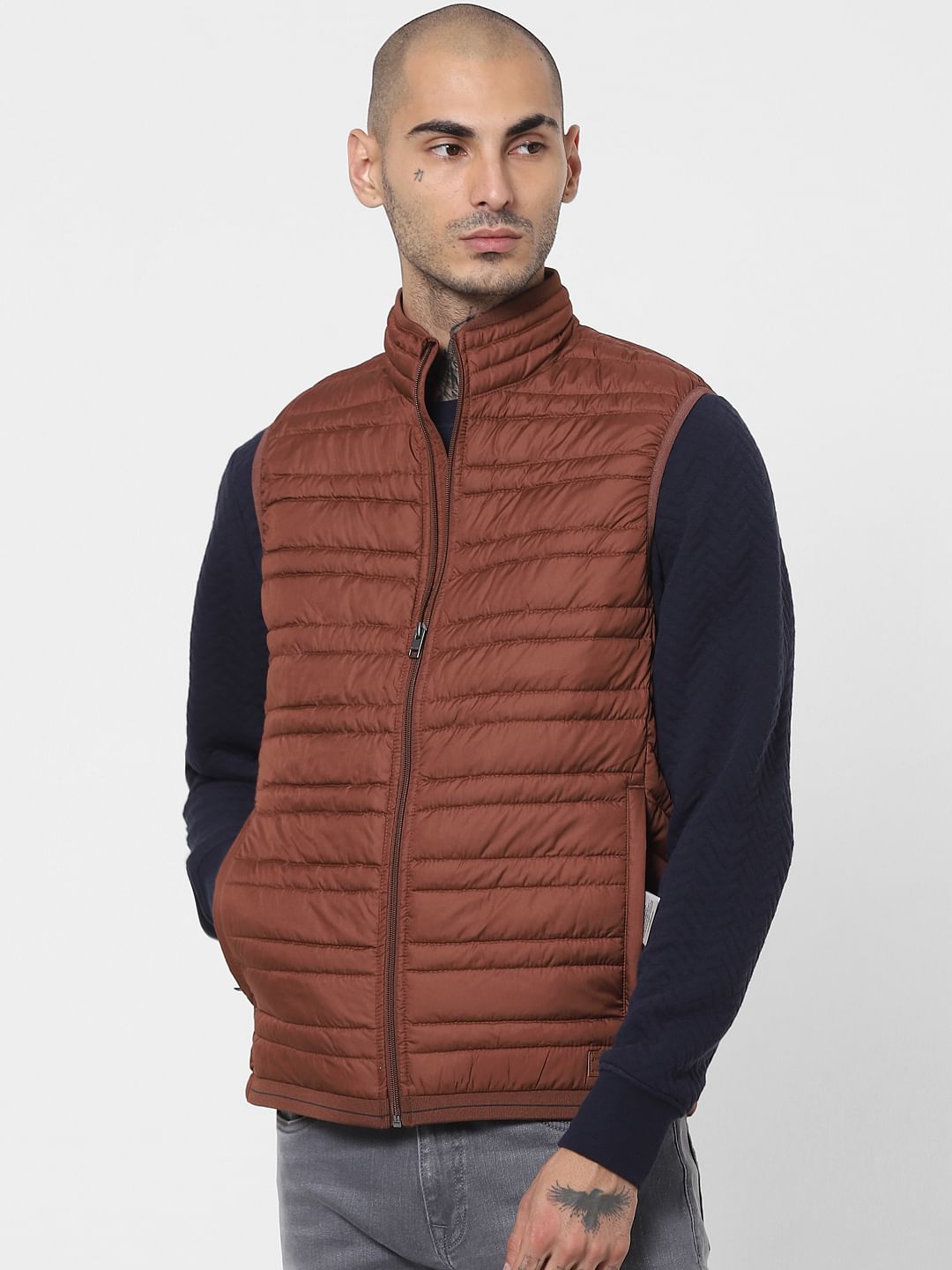 Brown Sleeveless Lightweight Puffer Jacket