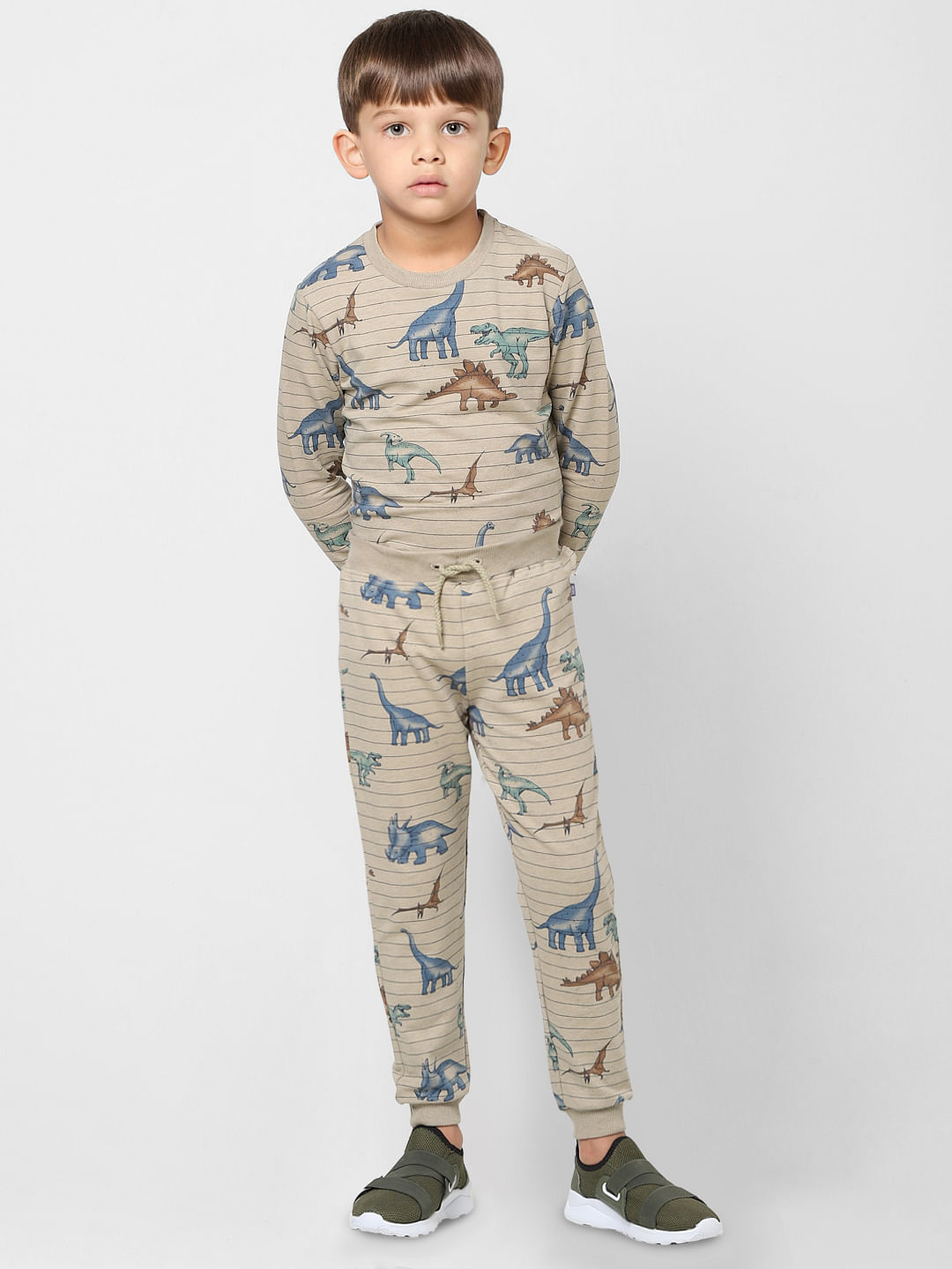 Boys Grey Striped Dinosaur Print Sweatpants - 4/5Y