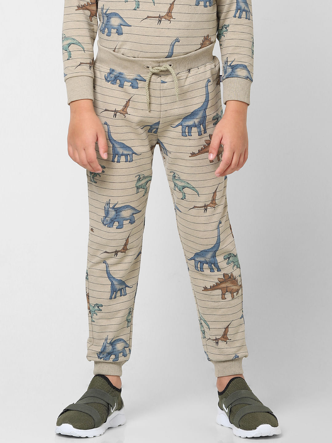 Boys Grey Striped Dinosaur Print Sweatpants