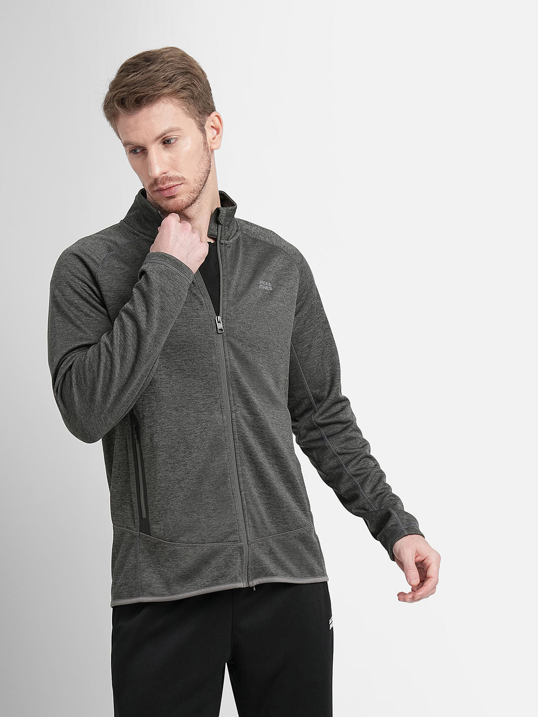 Grey Logo Print Zip-Up Jacket