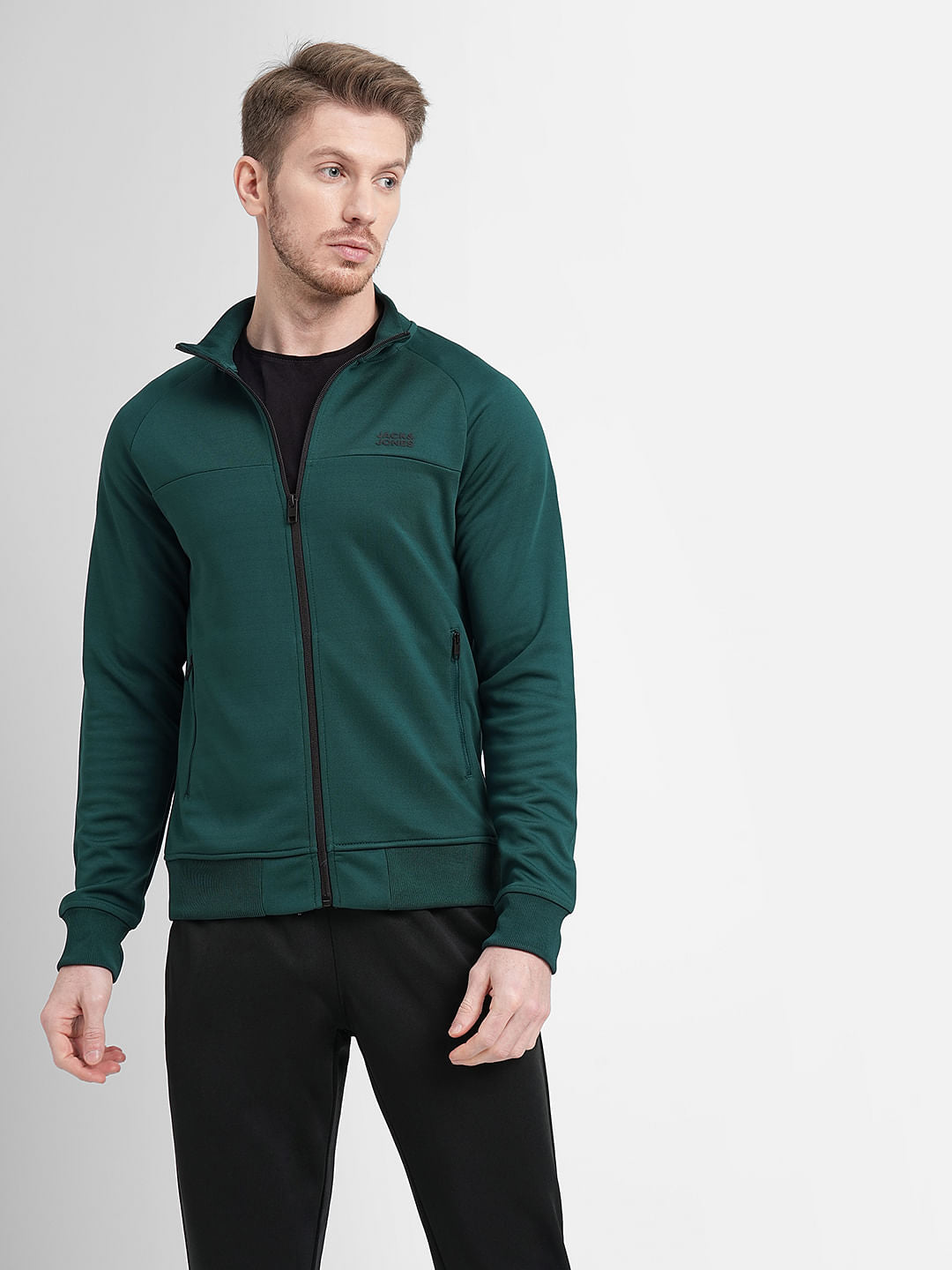 Dark Green Logo Print Zip-Up Jacket