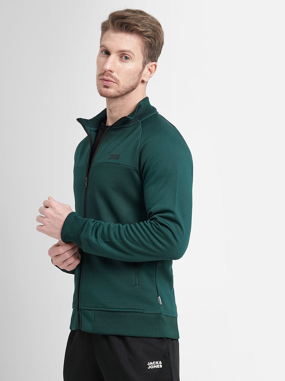 Dark Green Logo Print Zip-Up Jacket