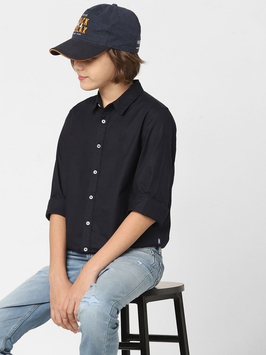 Boys Navy Blue Full Sleeves Shirt - 4/5Y