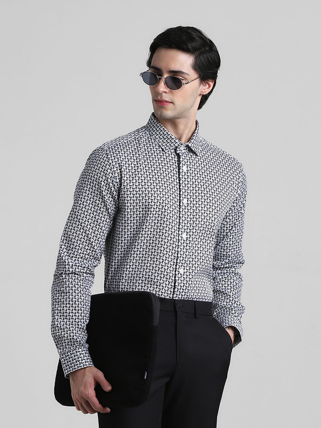 White Printed Dobby Full Sleeves Shirt - S