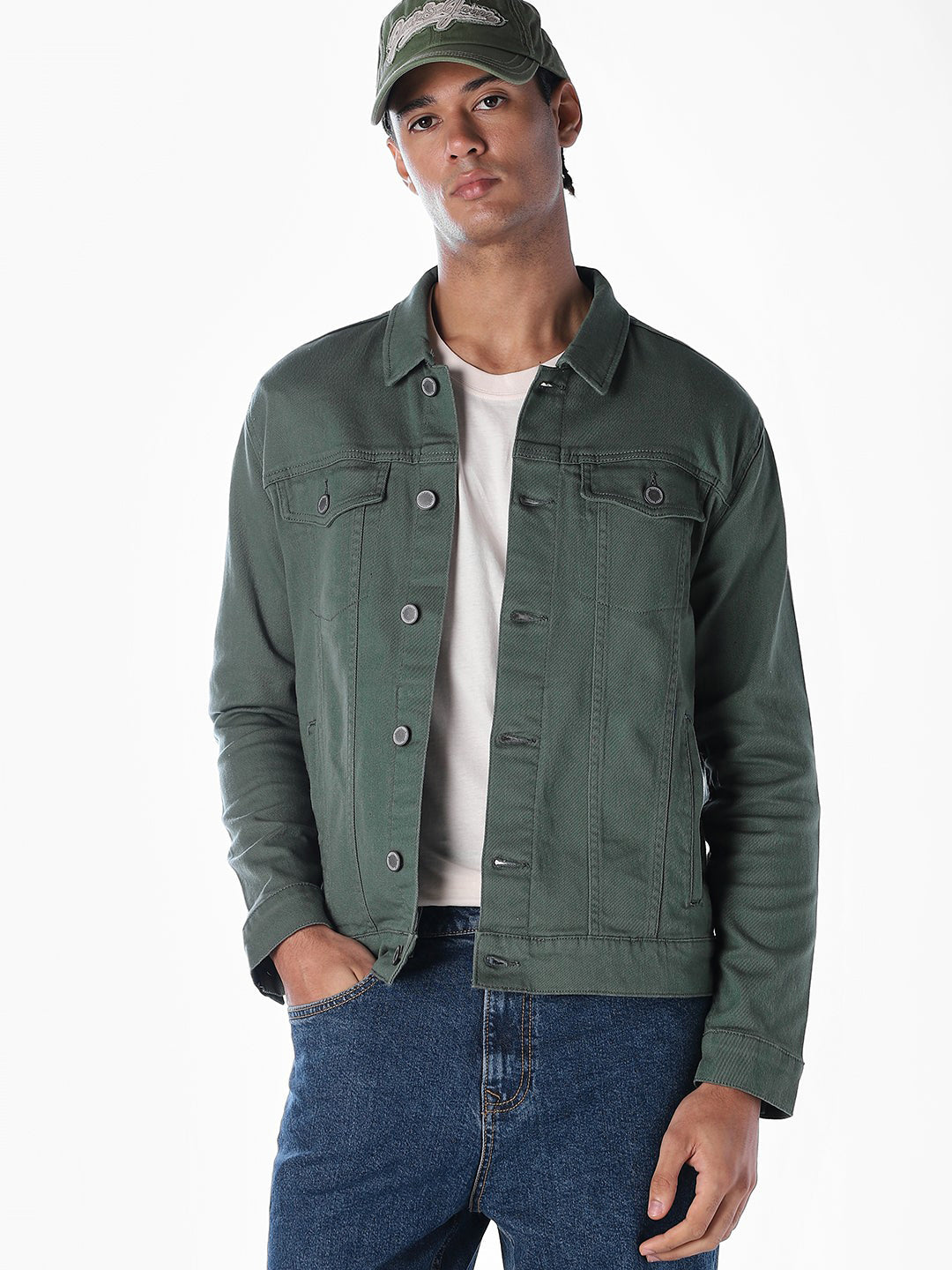Dark Green Regular Fit Denim Jacket