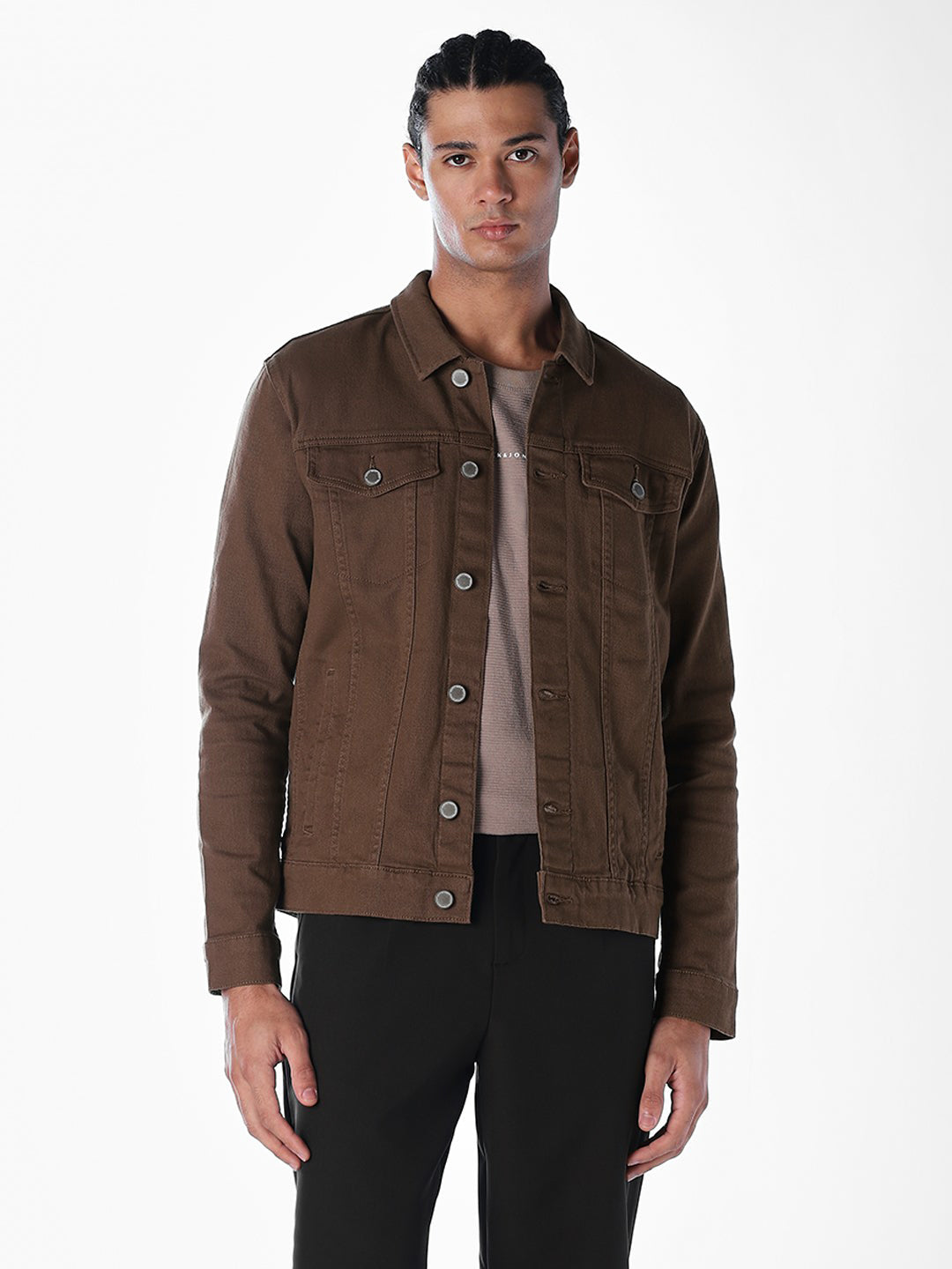 Dark Brown Regular Fit Denim Jacket