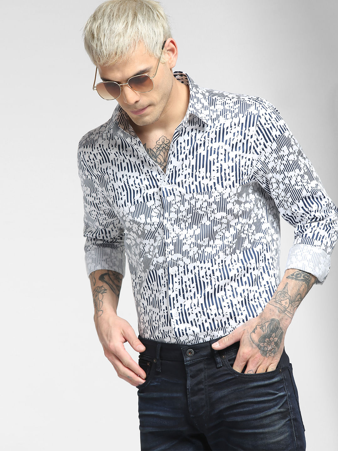 Blue Floral Print Full Sleeves Shirt - S