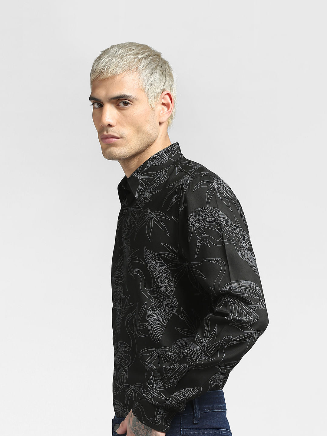 Black Floral Print Full Sleeves Shirt