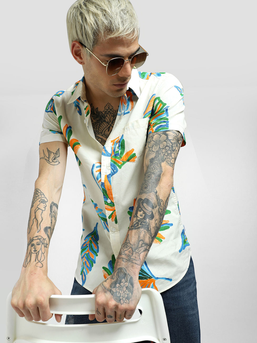 Light Beige Printed Half Sleeves Shirt - S