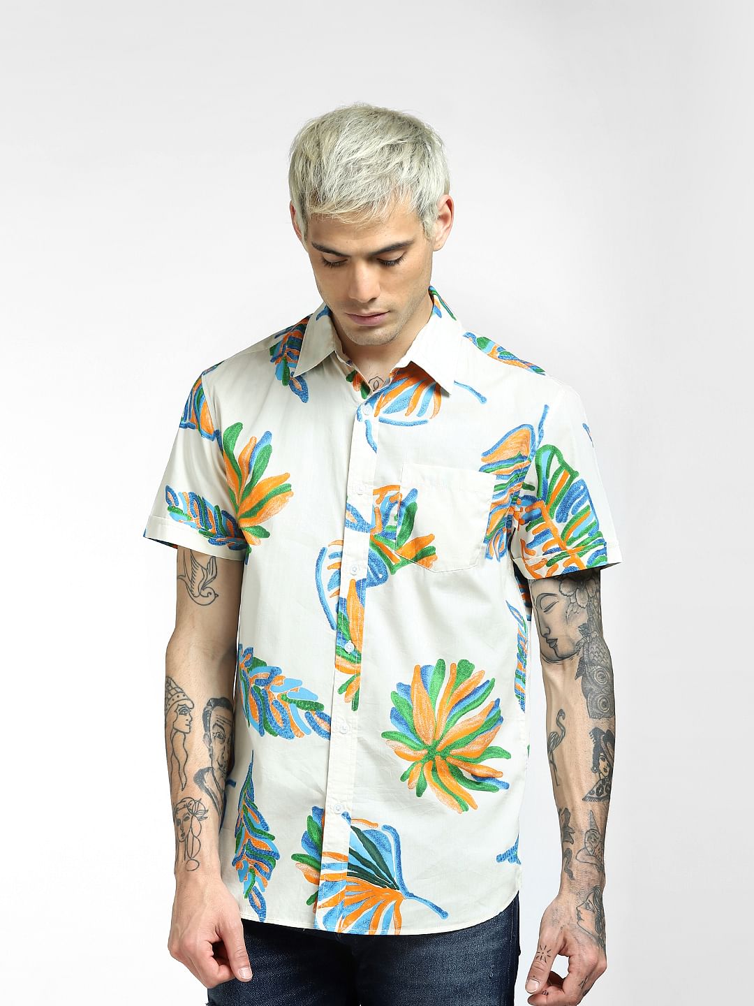 Light Beige Printed Half Sleeves Shirt
