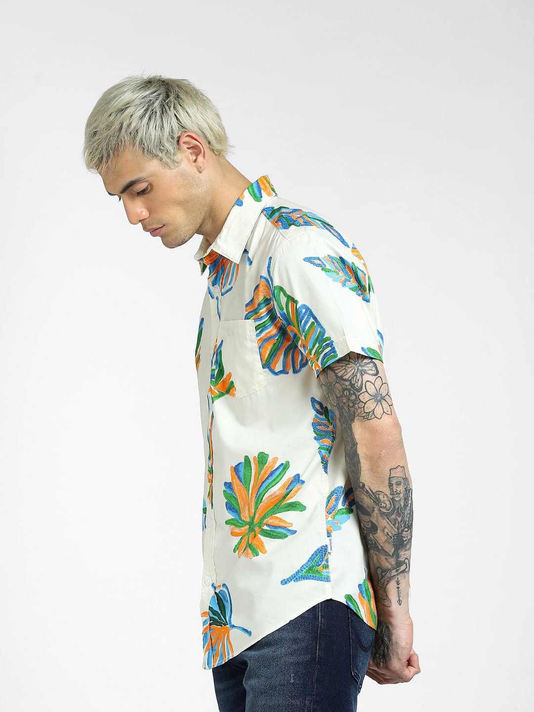 Light Beige Printed Half Sleeves Shirt