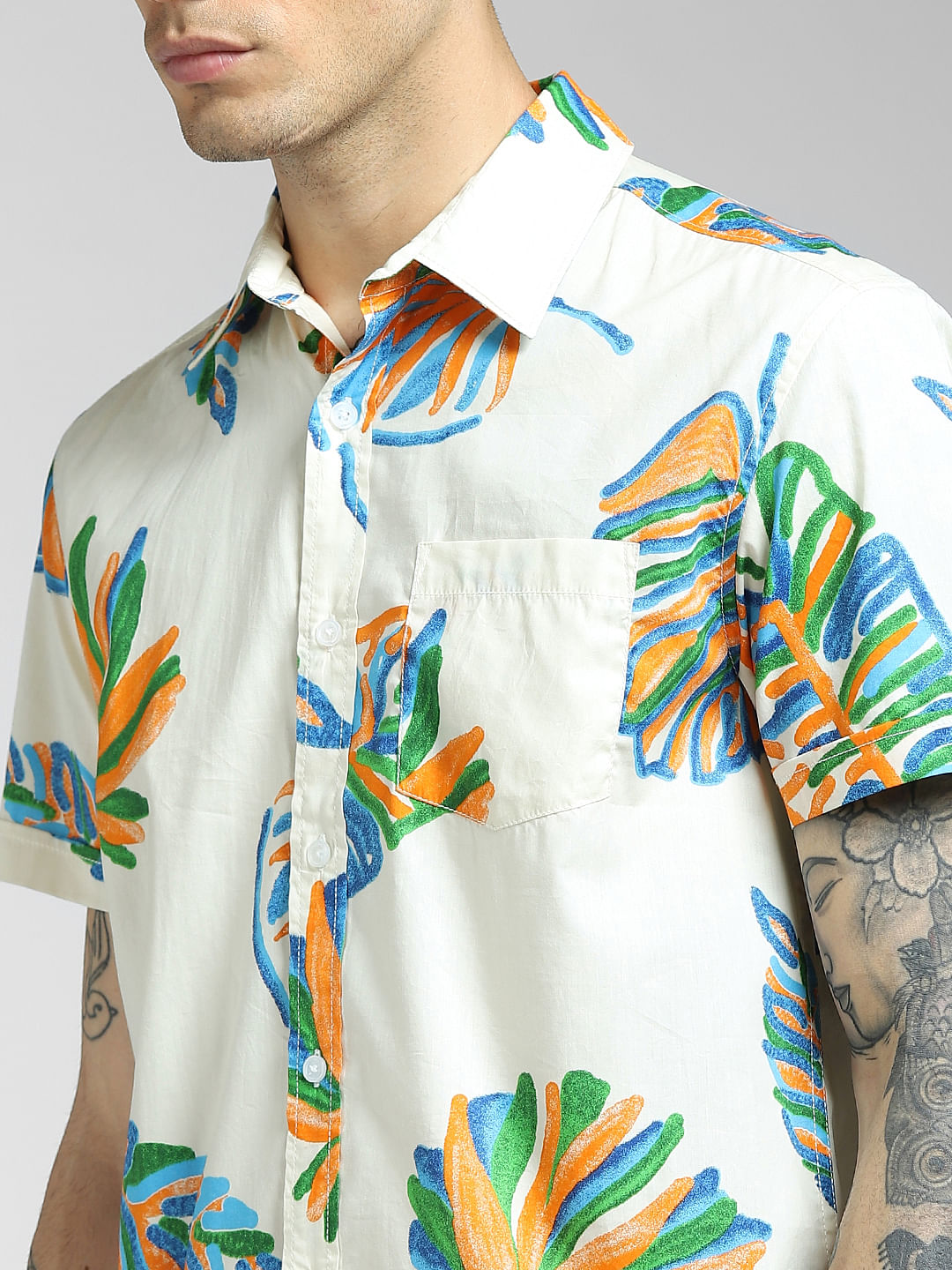 Light Beige Printed Half Sleeves Shirt